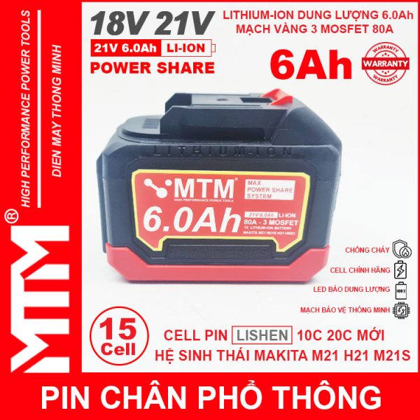 Pin Makita Chan Pho Thong 15 Cell 6000mah LISHEN 80A Chong Soc Chinh Hang