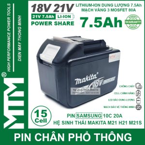 Pin Chan Pho Thong M21 Hukan Makita18V 21V 15CELL Samsung 25r 7500mah