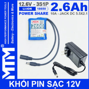 Khoi Pin Sac 12V 10A 3S1P Jack DC 18650 MTM 2600mah Kem Sac