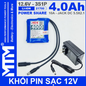 Khoi Pin Sac 12V 10A 3S1P Jack DC 18650 MTM 4000mah Kem Sac