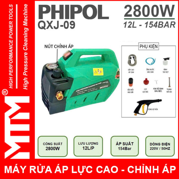 Ban May Rua Xe Ap Luc Cao 220V 2800W 12L 154Bar Phipol QXJ09 Loi Dong Chinh Ap Chinh Hang