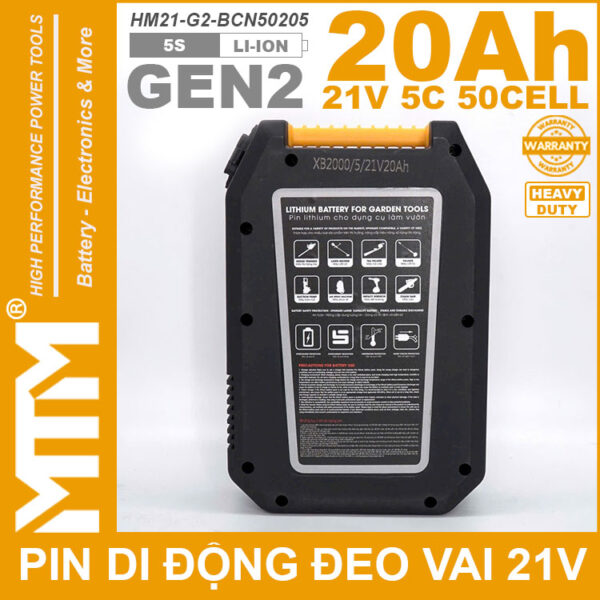 Bo Pin Di Dong Deo Vai 21V 20Ah 5C 50 Cell Hukan HM G2 BCN50205 Gen 2 May Khoan May Cat Co