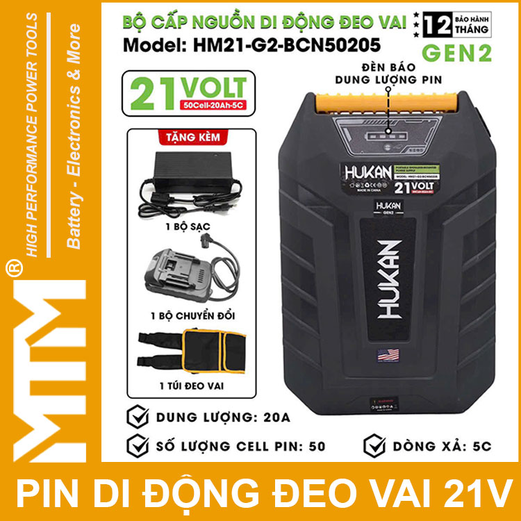 Ban Oo Pin Di Dong Deo Vai 21V 20Ah 5C 50 Cell Hukan HM G2 BCN50205 Gen 2