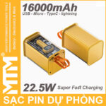 Pin Sac Du Phong 16000mah USB Micro TypeC Lightning LED Bao Pin Sac Nhanh Gold