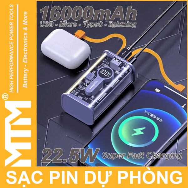 Su Dung Pin Sac Du Phong 16000mah USB Micro TypeC Lightning LED Bao Pin Sac Nhanh